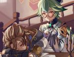  1boy 1girl albedo_(genshin_impact) animal_ears blonde_hair candlestand closed_eyes coat genshin_impact glasses green_hair half-closed_eyes highres shousan_(hno3syo) sleeping smile sucrose_(genshin_impact) yellow_eyes 