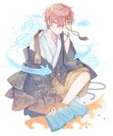  1boy beads blue_eyes closed_mouth flower full_body hand_over_eye highres indian_style japanese_clothes kuroyuki long_sleeves male_focus off_shoulder one_eye_covered original paper pink_hair short_hair sitting sleeves_past_wrists solo spider_lily spirit tabi tassel white_background 