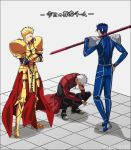  3boys akujiki59 anger_vein annoyed archer armor blonde_hair blue_hair closed_eyes crossed_arms cu_chulainn_(fate)_(all) earrings fate/grand_order fate_(series) full_body gae_bolg gilgamesh holding holding_weapon jewelry lancer looking_at_another male_focus multiple_boys ponytail shoulder_armor squatting sweatdrop twitter_username weapon white_hair 