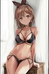 1girl arm_support atelier_(series) atelier_ryza atelier_ryza_2 bangs bare_arms bare_legs bare_shoulders bikini black_bikini black_ribbon blush braid breasts brown_eyes brown_hair cleavage collarbone curtains cutout_below_navel earrings groin hair_ornament hair_ribbon halterneck jewelry key_necklace large_breasts leaning_on_object looking_at_viewer medium_hair multiple_straps nail_polish nannacy7 navel necklace reisalin_stout ribbon see-through shoulder_blades sleeveless smile solo star_(symbol) star_earrings swimsuit thick_thighs thighs window 
