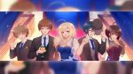  2girls 3boys :d ahoge akamatsu_kaede alternate_costume bangs bare_arms bare_shoulders black_jacket blonde_hair blue_bow blue_neckwear blurry bow breasts brown_gloves brown_jacket c01a_(cola) cleavage closed_eyes closed_mouth collarbone collared_shirt commentary cup danganronpa:_trigger_happy_havoc danganronpa_(series) danganronpa_2:_goodbye_despair danganronpa_v3:_killing_harmony dress english_commentary formal gloves hair_ornament hairclip hand_up highres hinata_hajime holding holding_cup jacket large_breasts long_sleeves looking_at_viewer multiple_boys multiple_girls naegi_komaru naegi_makoto necktie open_mouth red_dress saihara_shuuichi shirt short_hair sleeveless sleeveless_dress smile trait_connection vest yellow_eyes 