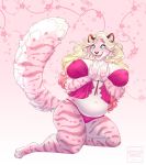  4_toes 5_fingers anthro arm_tuft big_breasts blonde_hair blue_eyes bra breasts brown_nose cheek_tuft clothing elbow_tufts facial_tuft fangs felid female fingers fluffy fluffy_tail fur hair hi_res huge_breasts inner_ear_fluff lingerie long_hair mammal marzipan_(spottedtigress) open_mouth pantherine panties pink_body pink_fur solo spots spotted_body spotted_fur spottedtigress striped_body striped_fur stripes tiger toes tongue tuft underwear 