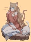  1girl animal_ear_fluff animal_ears aqua_eyes artist_name bangs cat cat_ears cat_tail dessert dress earrings eating english_text food hair_ornament high_heels highres indie_virtual_youtuber jewelry jun_(seojh1029) original parted_bangs sitting solo tail thighhighs virtual_youtuber white_legwear yokozuwari 