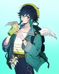  1boy absurdres androgynous bag bandaged_arm bandages bangs belt black_hair blue_hair blush braid collarbone cup denim drinking drinking_straw drinking_straw_in_mouth eyebrows_visible_through_hair feathered_wings feathers flower genshin_impact gradient_hair green_background green_eyes green_headwear hair_between_eyes hat highres holding holding_cup jacket jeans long_sleeves looking_at_viewer male_focus multicolored_hair pants shohje simple_background sleeves_rolled_up solo twin_braids venti_(genshin_impact) watch white_flower wings wristwatch 