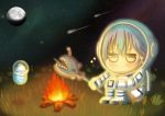  1girl ^_^ absurdres anglerfish annoyed astronaut blue_hair campfire chibi closed_eyes daifuku_(yukihana_lamy) grass highres holding holding_stick hololive moon outer_wilds shooting_star sitting solo space space_helmet spacesuit stick tsukito_5555 v-shaped_eyebrows virtual_youtuber x_x yellow_eyes yukihana_lamy 