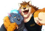  anthro arm_around_shoulders barrel_(live-a-hero) canid canine canis clothing embarrassed fire flaming_hair flaming_mane furlong_(live-a-hero) group hi_res hyaenid live-a-hero male mammal muscular muscular_anthro muscular_male one_eye_closed pseudo_hair pseudo_mane shirt shy takemoto_arashi tank_top topwear wink wolf yellow_eyes 