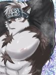  abs accessory anthro armpit_hair body_hair canid canine canis clothing fur godagodadp07 headband hi_res horkeukamui male mammal multicolored_body multicolored_fur muscular muscular_anthro muscular_male nipples pecs simple_background solo tokyo_afterschool_summoners video_games white_body wolf 