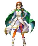 1girl asatani_tomoyo bangs boots bracelet bridal_gauntlets brown_eyes brown_hair brown_legwear cape circlet closed_mouth dress fire_emblem fire_emblem:_thracia_776 fire_emblem_heroes full_body gold_trim green_cape highres jewelry long_hair long_sleeves looking_at_viewer miranda_(fire_emblem) official_art pelvic_curtain shiny shiny_clothes shiny_hair smile standing thighhighs transparent_background white_footwear 