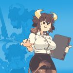  1girl animal_ears bangle black_skirt blue_background bracelet breasts brown_eyes brown_hair brown_legwear button_gap character_request collared_shirt commentary computer copyright_request farfinfarfin fingernails furry holding horns jewelry keyboard_(computer) laptop large_breasts medium_hair monitor multiple_views no_bra open_mouth pantyhose pencil_skirt projected_inset shiny shiny_clothes shiny_legwear shirt shirt_tucked_in sidelocks skirt solid_oval_eyes sweat tail taut_clothes taut_shirt wavy_mouth white_shirt 