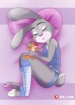  anthro bird&#039;s-eye_view canid canine clothed clothing disney eyes_closed female fox fur grey_body grey_fur hi_res high-angle_view holding_object judy_hopps lagomorph leporid mammal nick_wilde pawpads pillow pink_nose plushie rabbit rin_tyan scut_tail shirt sleeping solo tank_top toeless_legwear topwear zootopia 