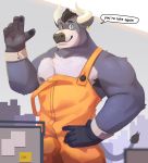  2021 anthro armpit_hair biceps body_hair bovid bovine cilok clothing fur gloves hair handwear hi_res male mammal muscular muscular_anthro muscular_male nipples overalls simple_background solo 