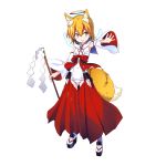  1girl animal_ear_fluff animal_ears bangs blonde_hair covered_navel dennou_tenshi_jibril detached_sleeves detached_wings fox_ears fox_girl fox_tail full_body gohei grin hakama hakama_skirt halo holding japanese_clothes kuuchuu_yousai looking_at_viewer miko official_art outstretched_arm platform_footwear red_hakama short_hair smile solo standing tail transparent_background wings yellow_eyes 