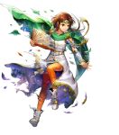  1girl asatani_tomoyo bangs book boots bracelet bridal_gauntlets brown_eyes brown_hair brown_legwear cape circlet clenched_teeth dress fire_emblem fire_emblem:_thracia_776 fire_emblem_heroes full_body gold_trim green_cape highres holding jewelry long_hair long_sleeves looking_away miranda_(fire_emblem) official_art parted_lips shiny shiny_hair teeth thighhighs torn_cape torn_clothes torn_legwear torn_sleeves transparent_background white_footwear 