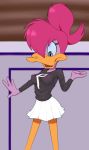  2020 anatid anseriform anthro avian beak billboi bird black_clothing black_shirt black_topwear blue_eyes bottomwear clothed clothing detailed_background duck eyebrows eyelashes female fully_clothed hair hair_over_eye looking_down margot_mallard nipple_outline one_eye_obstructed pink_hair shirt skirt solo standing surprise tiny_toon_adventures topwear traditional_media_(artwork) translucent warner_brothers 