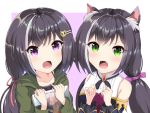  2girls animal_ear_fluff animal_ears black_hair black_ribbon blush book bow cat_ears cat_girl cat_hair_ornament collarbone commentary_request detached_sleeves eyebrows_visible_through_hair fang gem green_eyes hair_bow hair_ornament hairclip highres holding holding_book karyl_(princess_connect!) karyl_(real)_(princess_connect!) long_hair long_sleeves multicolored_hair multiple_girls partial_commentary princess_connect! princess_connect!_re:dive purple_bow purple_eyes red_ribbon ribbon shirt skin_fang sleeveless sleeveless_shirt streaked_hair twintails white_hair white_shirt yuyu_hihi40 