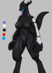  absurd_res ambiguous_gender anthro anthrofied barricade_(character) black_body blue_eyes breasts crossgender digitigrade dragon female genitals glowing glowing_tongue hi_res horn im51nn5 markings model_sheet nipples nude pussy raised_tail red_sclera solo standing tongue 