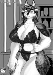  5_fingers absurd_res anthro bar biceps big_breasts biped black_body black_fur black_hair black_nose bottle breasts canid canine canis cheek_tuft chest_tuft cleavage clothed clothing cup eyelashes facial_tuft female finger_claws fingers front_view fur greyscale hair hi_res holding_cup holding_object huge_breasts humanoid_hands inside kemono lingerie looking_at_viewer mammal monochrome monotone_hair multicolored_body multicolored_fur murazaki muscular muscular_anthro muscular_female solo standing teddy_(clothing) thick_thighs tuft two_tone_body two_tone_fur underwear underwear_only white_body white_eyes white_fur wolf 