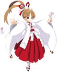  1girl antenna_hair bangs bright_pupils brown_hair disgaea disgaea_rpg full_body hakama hakama_skirt headdress holding japanese_clothes long_hair long_sleeves official_art open_mouth outstretched_arms red_eyes red_hakama sandals sicily_(disgaea) simple_background solo spread_arms tabi white_background white_legwear wide_sleeves 