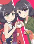  2girls absurdres animal_ear_fluff animal_ears bangs bare_arms black_hair blush bow cat_ears cat_girl cat_hair_ornament cat_tail chestnut_mouth closed_mouth coat commentary eyebrows_visible_through_hair green_coat green_eyes hair_bow hair_ornament heart heart_hands heart_hands_duo highres karyl_(princess_connect!) karyl_(real)_(princess_connect!) long_hair long_sleeves looking_at_viewer melerdon multicolored_hair multiple_girls open_mouth princess_connect! princess_connect!_re:dive purple_eyes purple_skirt shirt skirt sleeveless sleeveless_shirt smile streaked_hair tail white_hair white_shirt 