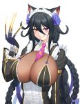  1girl :p absurdly_long_hair animal_ears between_breasts black_hair braid breasts brown_bodysuit cat_ears cat_girl claws cleavage hair_between_eyes heterochromia highres huge_breasts last_origin long_hair looking_at_viewer maemi_(maemi12) maid_headdress multiple_braids necktie necktie_between_breasts poi_(last_origin) purple_eyes simple_background solo tongue tongue_out tri_braids very_long_hair white_background yellow_eyes 