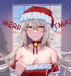  1girl absurdres bare_shoulders bell bell_choker blush breasts choker christmas cleavage_reach collarbone commentary detached_sleeves dress english_commentary eyebrows_visible_through_hair fate/grand_order fate_(series) fur-trimmed_dress fur-trimmed_headwear fur_trim grey_hair hair_between_eyes hat highres huge_filesize jeanne_d&#039;arc_(alter)_(fate) jeanne_d&#039;arc_(fate)_(all) jingle_bell large_breasts long_hair looking_at_viewer merry_christmas messy_hair newmoonshira pout red_choker red_headwear santa_dress santa_hat solo strapless strapless_dress yellow_eyes 