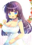  1girl bangs bare_arms bare_shoulders blue_eyes blush breasts cleavage collarbone commentary_request dress eyebrows_visible_through_hair food frilled_dress frills fruit kouu_hiyoyo large_breasts long_hair looking_at_viewer open_mouth original purple_hair sleeveless sleeveless_dress solo strawberry striped striped_background sweat vertical_stripes very_long_hair wavy_mouth white_background white_dress 