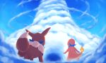  bandana blue_sky blue_theme charmander clothed_pokemon cloud commentary day eevee fire fisheye from_behind fushigi_no_dungeon gen_1_pokemon hierotubas highres looking_up outdoors pokemon pokemon_(game) pokemon_mystery_dungeon sky standing tower 