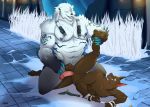  absurd_res annoyed anthro anubian_jackal balls brown_body brown_fur canid canine canis duo erection fur genitals hair hand_on_leg hi_res humanoid imminent_sex jackal league_of_legends long_hair male male/male mammal muscular nasus_(lol) nude pecs penis polar_bear riot_games snow ursid ursine video_games volibear volibear_(lol) white_body white_fur white_hair zourik 