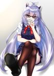  1girl bespectacled blue_eyes blue_hair blue_skirt breasts crossed_legs english_text finger_to_own_chin glasses gradient_hair hearty-cg highres horns indie_virtual_youtuber long_hair looking_at_viewer medium_breasts multicolored_hair note profanity school_uniform shoe_soles silver_hair sitting skirt smile solo thighhighs vei_(vtuber) very_long_hair virtual_youtuber 