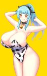  1girl animal_ears animal_print aqua_hair arms_up bare_arms bare_shoulders bell bell_collar black_collar black_hairband blush breasts cleavage collar cow_ears cow_horns cow_print fake_animal_ears fake_horns hairband horns huge_breasts kaitofuuma long_hair looking_at_viewer one-piece_swimsuit original ponytail sidelocks simple_background solo swimsuit white_swimsuit yellow_background yellow_eyes 