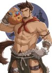  1boy abs animal_ears bara beard biceps bracer brown_eyes brown_hair candy clothing_cutout cowboy_shot facial_hair food fur-trimmed_pants gloves green_eyes halloween halloween_costume harness highres jack-o&#039;-lantern leather looking_at_viewer male_focus muscular muscular_male nipples original pectorals pelvic_curtain red_neckwear shirtless short_hair single_glove smile solo tail tekkowang thick_thighs thigh_cutout thighs wolf_boy wolf_ears wolf_tail 