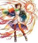  1girl asatani_tomoyo bangs book boots bracelet bridal_gauntlets brown_eyes brown_hair brown_legwear cape circlet dress fire fire_emblem fire_emblem:_thracia_776 fire_emblem_heroes full_body gold_trim green_cape highres holding jewelry long_hair long_sleeves looking_away magic miranda_(fire_emblem) official_art open_book open_mouth shiny shiny_clothes shiny_hair thighhighs transparent_background white_footwear 