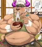  2021 anthro belly bottomwear bovid bovine brown_body brown_fur cattle clothing eating food fur gapao hi_res humanoid_hands kemono male mammal moobs navel nipples overweight overweight_anthro overweight_male pants shennong shirt sitting solo tokyo_afterschool_summoners topwear video_games 