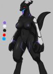  absurd_res anthro anthrofied barricade_(character) black_body blue_eyes breasts crossgender digitigrade dragon female genitals glowing glowing_tongue hi_res horn im51nn5 markings model_sheet nipples nude pussy raised_tail red_sclera solo standing tongue 
