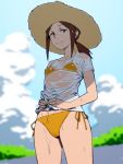  1girl absurdres bikini blue_sky blurry blurry_background brown_eyes brown_hair brown_headwear cameltoe closed_mouth cloud cloudy_sky commentary cowboy_shot day depth_of_field half-closed_eyes hands_on_own_stomach hat highres houkago_teibou_nisshi kuroiwa_yuuki looking_at_viewer medium_hair no_pants onsen_tamago_(hs_egg) outdoors ponytail see-through shirt short_hair side-tie_bikini sidelocks sky smile solo standing sun_hat swimsuit t-shirt wet wet_clothes wet_shirt white_shirt yellow_bikini 