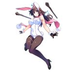  1girl animal_ears arm_strap bangs black_footwear black_gloves black_legwear blue_eyes breasts brown_hair bunny_ears bunny_tail dennou_tenshi_jibril fake_animal_ears fake_tail full_body gloves halo high_heels kuuchuu_yousai large_breasts long_hair official_art one-piece_swimsuit pantyhose pink_neckwear pumps scarf school_swimsuit smile solo swimsuit tail thigh_strap transparent_background white_swimsuit wrist_cuffs 
