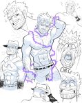  1boy =3 abs absurdres bara beard belt belt_buckle buckle character_sheet chest_hair commentary english_commentary facial_hair from_behind greyscale grin hat highres jojo_no_kimyou_na_bouken joseph_joestar looking_at_viewer looking_back male_focus manly matthieu_cousin monochrome multiple_views muscular nipples one_eye_closed open_mouth pectorals purple_eyes shirtless short_hair sketch smile sparkle spot_color sweat tongue 