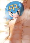 1girl aqua_eyes armpits arms_up blue_hair blush bright_pupils commentary_request embarrassed flat_chest hair_between_eyes hairband heppushu lana_(pokemon) looking_at_viewer lying navel nipples no_nose nose_blush nude on_back open_mouth peeping pokemon pokemon_(game) pokemon_sm short_hair solo sweat trial_captain wavy_mouth wet white_pupils 