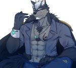  2021 abs anthro black_nose canid canine canis chest_tuft clothing digital_media_(artwork) facial_hair fur grung hair male mammal muscular muscular_anthro muscular_male pecs simple_background solo tuft wolf 