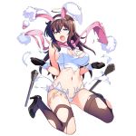  1girl animal_ears black_footwear black_gloves blue_eyes breasts brown_hair brown_legwear bunny_ears dennou_tenshi_jibril eyebrows_visible_through_hair fake_animal_ears full_body gloves halo high_heels kuuchuu_yousai large_breasts long_hair navel official_art open_mouth pink_neckwear pumps scarf school_swimsuit solo swimsuit thighhighs torn_clothes transparent_background white_swimsuit wrist_cuffs 