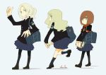  3girls asterisk_kome bag blonde_hair blue_eyes book brown_hair character_name danish_flag drottning_victoria_(kome) finnish_flag finnish_navy holding holding_book long_hair military multiple_girls niels_juel_(kome) original personification ponytail short_hair swedish_flag thumbs_up uniform vainamoinen_(kome) walking watercraft white_background 