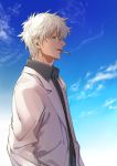  1boy bespectacled black_shirt blue_sky cigarette cloud collared_shirt day from_side gintama glasses highres labcoat long_sleeves looking_at_viewer looking_to_the_side male_focus mouth_hold open_clothes outdoors parted_lips profile red_eyes sakata_gintoki shirt sky smoke smoking solo upper_body uraki_(tetsu420) white_hair 