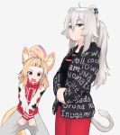  2girls ahoge animal_ears bangs_pinned_back black_jacket black_shirt blonde_hair closed_mouth commentary drip_(meme) earrings english_commentary fox_ears fox_tail grey_eyes grey_hair grey_pants highres hololive jacket jewelry letterman_jacket lion_ears lion_tail long_hair long_sleeves looking_at_viewer multicolored_hair multiple_girls necklace omaru_polka open_mouth pants parody purple_eyes red_jacket red_pants shirt shishiro_botan signature simple_background streaked_hair supreme tail twintails v_arms white_background yoako 