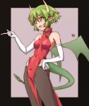  1girl artist_name bad_id bad_twitter_id bangs black_border black_pants border breasts brown_horns china_dress chinese_clothes commentary cowboy_shot draco_centauros dragon_girl dragon_horns dragon_tail dragon_wings dress elbow_gloves erakin eyes_visible_through_hair fang gloves green_hair green_wings grey_background hand_on_hip highres horns looking_to_the_side open_mouth pants pelvic_curtain pointing pointy_ears puyopuyo red_dress short_hair signature sleeveless sleeveless_dress small_breasts smile solo standing tail traditional_media white_gloves wings yellow_eyes 