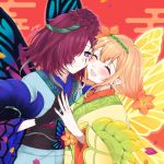 2girls :d black_gloves blush butterfly_wings cheek-to-cheek closed_eyes facial_mark fairy_wings fingernails fire_emblem fire_emblem_heroes gloves hair_over_one_eye hair_vines highres japanese_clothes kimono misato_hao multicolored_hair multiple_girls open_mouth peony_(fire_emblem) plant pointy_ears purple_eyes purple_hair sash shimekazari signature smile thorns triandra_(fire_emblem) vines wings 