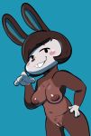  2020 animal_crossing anthro blue_background breasts brown_body brown_hair buckteeth carmen_(animal_crossing) countershade_face countershading dutch_angle female genitals grin hair hand_on_hip hi_res lagomorph leporid looking_at_viewer mammal nintendo nipples nude portrait pussy rabbit samoyena simple_background smile solo standing teeth three-quarter_portrait video_games 
