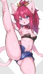  2020 absurd_res accessory ahoge anthro anus biped blue_eyes blush bottomwear breasts butt cleavage clothed clothing collar domestic_cat felid feline felis female fur hair hair_accessory hair_ribbon hi_res inner_ear_fluff kemono ksyaro long_hair mammal on_one_leg open_mouth pink_body pink_fur pink_hair ponytail ribbons shorts simple_background solo spread_legs spreading standing tuft 