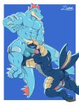  3:4 abs absurd_res anthro balls butt duo face_on_penis feraligatr genitals hand_on_head hi_res humanoid lutrine male male/male mammal muscular mustelid nintendo nude penis pok&eacute;mon pok&eacute;mon_(species) pok&eacute;morph samurott scalie video_games zourik 