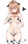  1girl absurdres animal_ears animal_print bangs bell bikini black_hairband black_ribbon blonde_hair blue_eyes blush breasts chinese_zodiac cleavage closed_mouth collar cow_ears cow_horns cow_print cow_tail cowbell cowboy_shot ear_tag english_commentary eyebrows_visible_through_hair front-tie_top genshin_impact groin hair_between_eyes hair_ribbon hairband hand_on_own_chest hand_on_own_stomach head_tilt heart highres horns jean_gunnhildr large_breasts legs_together long_hair looking_at_viewer midriff navel panties pengrani red_collar ribbon side-tie_panties sidelocks simple_background solo standing sweat swimsuit tail thighhighs underwear white_background white_bikini white_legwear year_of_the_ox 