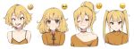  4girls ahoge anger_vein bandage_on_face bandages bare_shoulders blonde_hair blush choker collarbone collared_shirt cross-eyed emoji eyebrows_visible_through_hair frown furrowed_eyebrows hair_ornament hairclip high_ponytail highres long_hair milka_(milk4ppl) multiple_girls notice_lines off_shoulder one_eye_closed open_mouth original ponytail shirt short_hair simple_background smile sweater tearing_up tears teeth tied_hair tongue tongue_out turtleneck turtleneck_sweater twintails white_background yellow_eyes yellow_shirt 